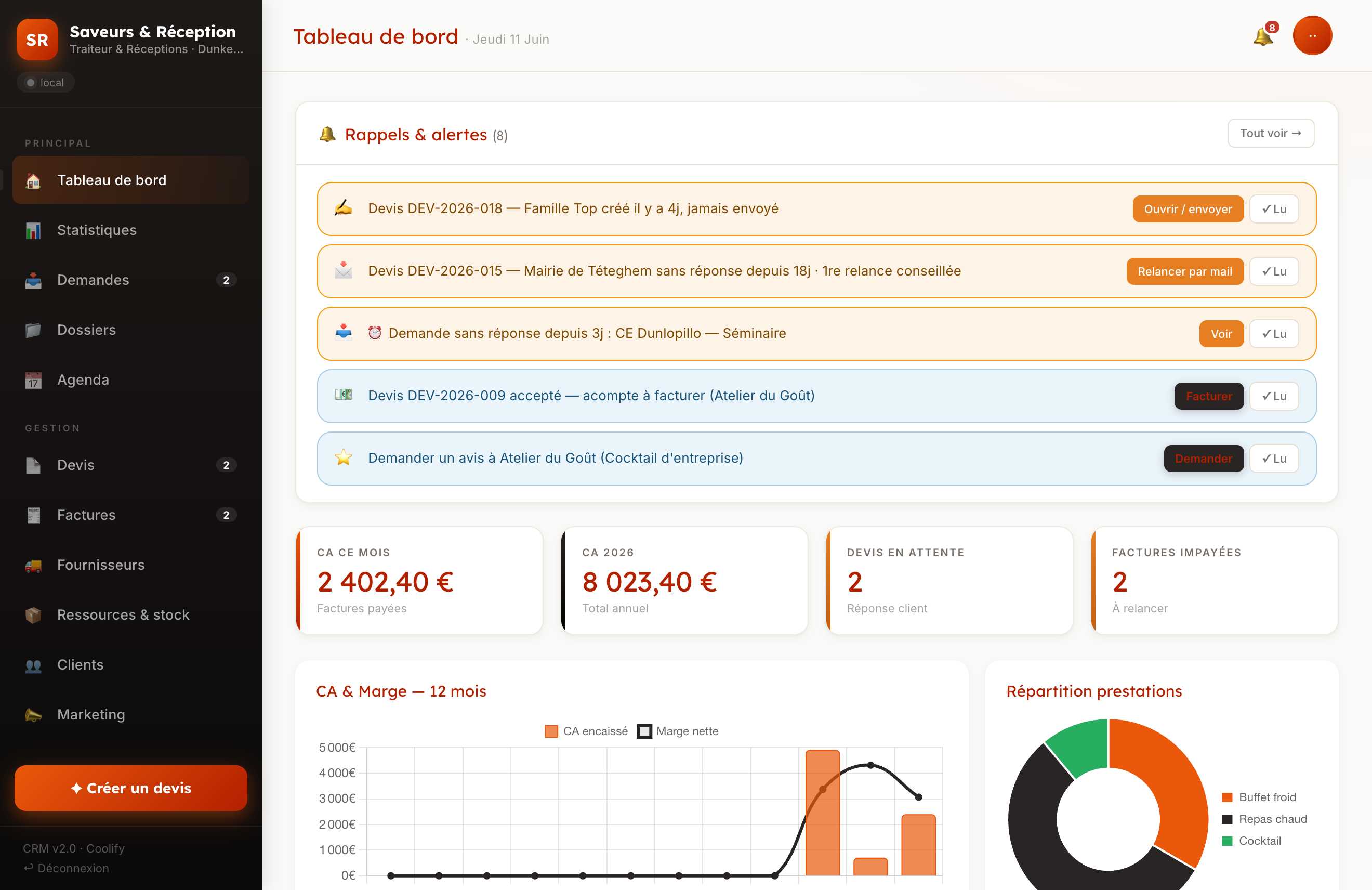 Aperçu du CRM Traiteur Dunai : tableau de bord, devis, factures, agenda