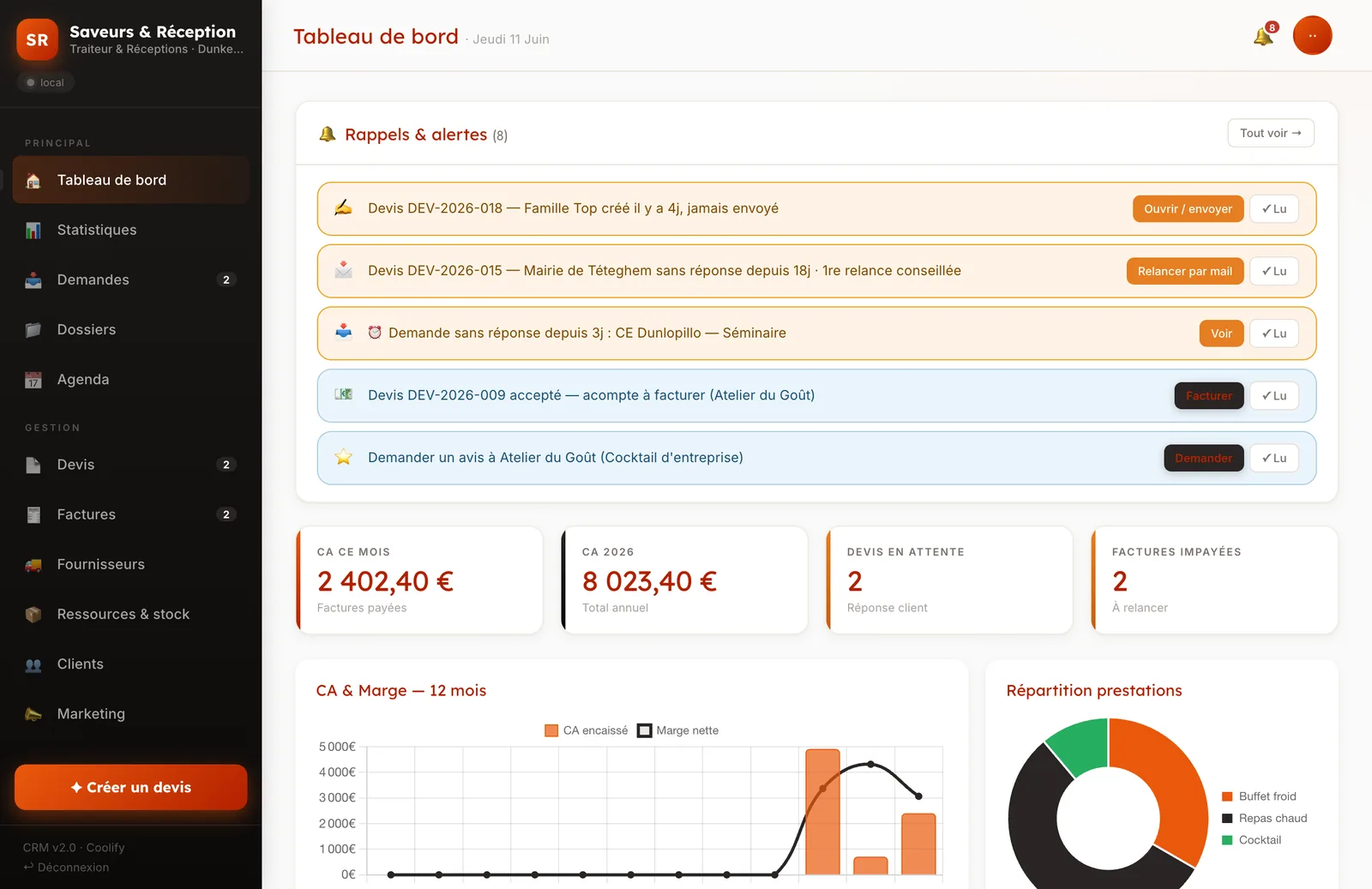 Aperçu du CRM Traiteur Dunai : tableau de bord, devis, factures, agenda