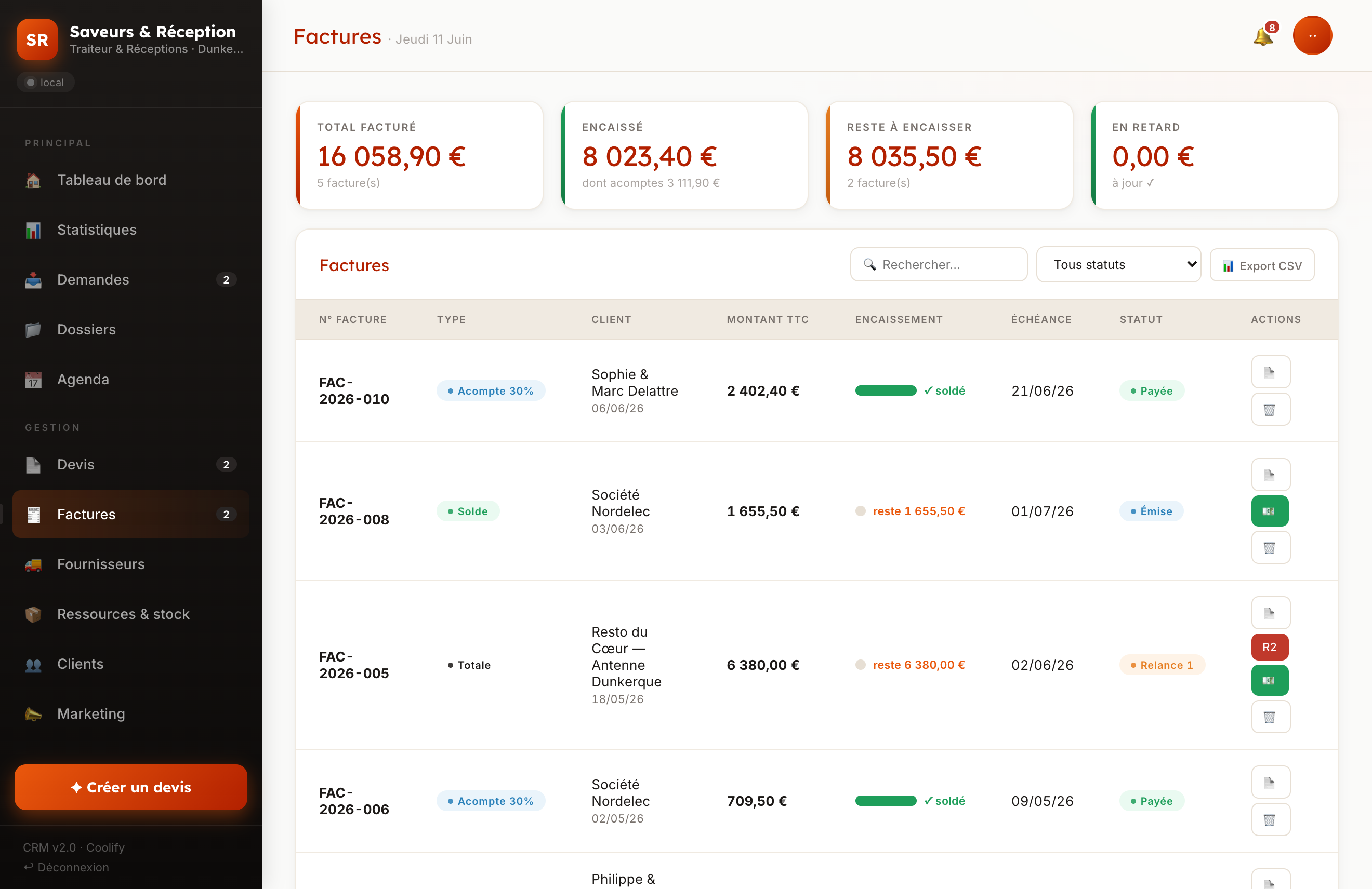 Vue factures du CRM Traiteur : suivi des paiements, factures payées et impayées, relances