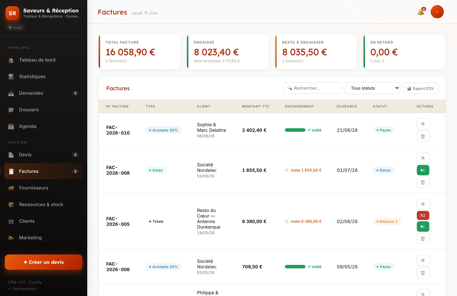 Vue factures du CRM Traiteur : suivi des paiements, factures payées et impayées, relances