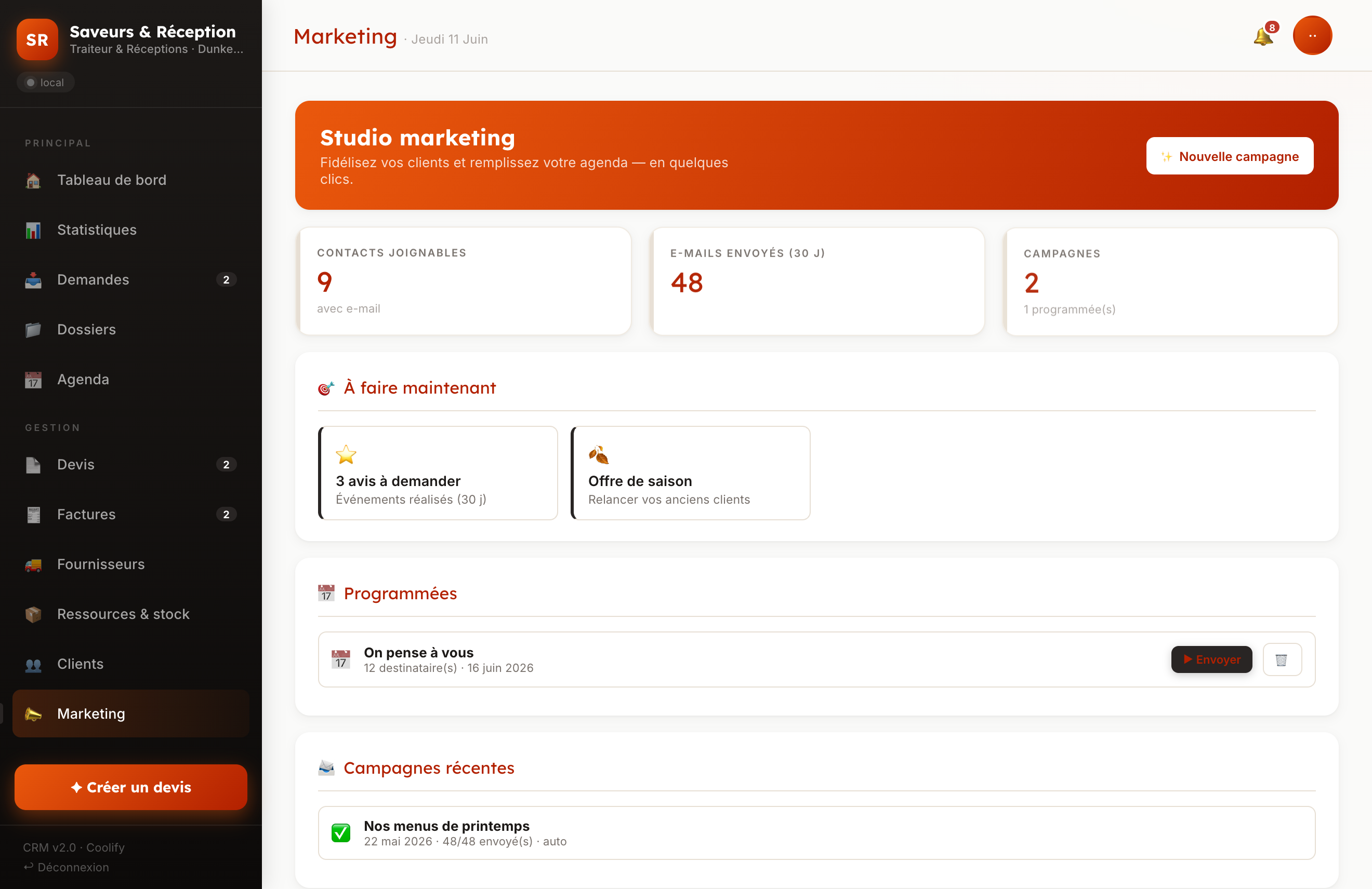 Module marketing du CRM : campagnes e-mail, segments clients, demande d'avis Google